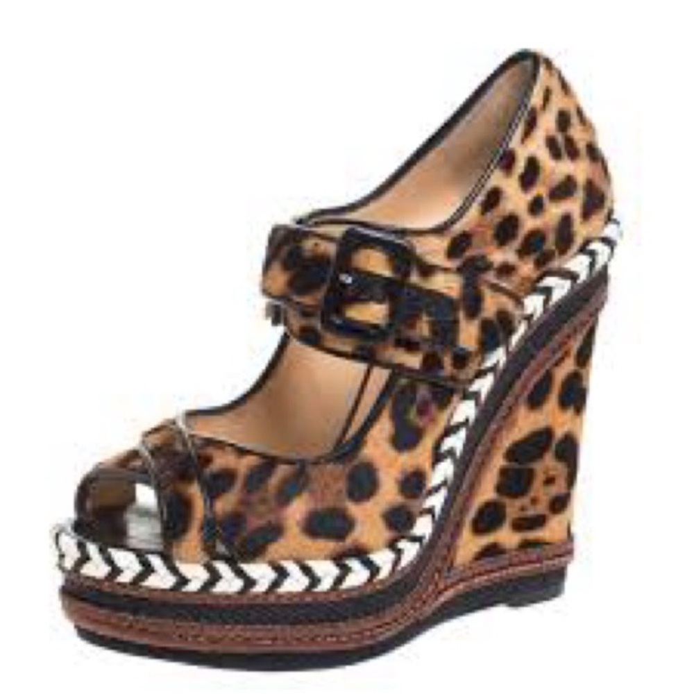 Christian Louboutin Leopard Print Peep-Toe Wedge with Buckle